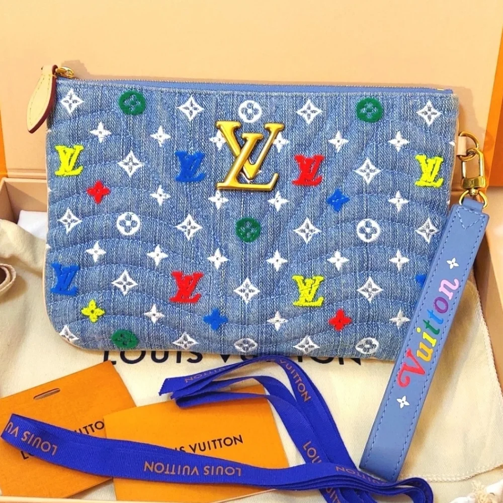 Louis Vuitton New Wave Denim Monogram Wristlet Pouch Multicolor